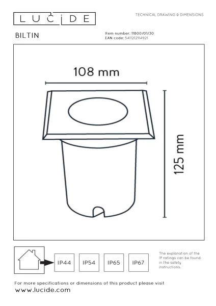 Lucide BILTIN - Bodeneinbaustrahler Innen/Außen - 1xGU10 - IP67 - Schwarz - TECHNISCH